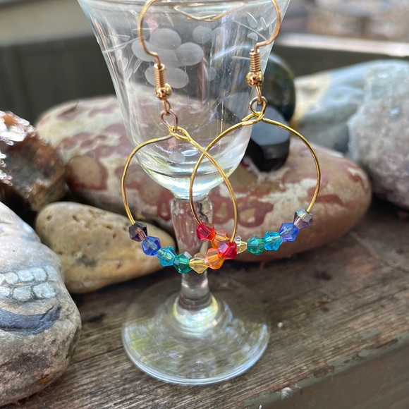 Handmade Chakra Coloured Crystal Beads on Goldtone Hoops & Hypoallergenic Hooks - Picture 1 of 3